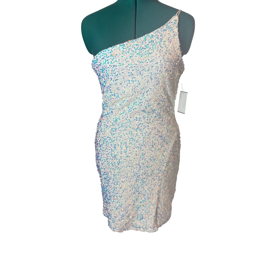 Midnight Doll White Iridescent Sequin One Shoulder Bodycon Dress M